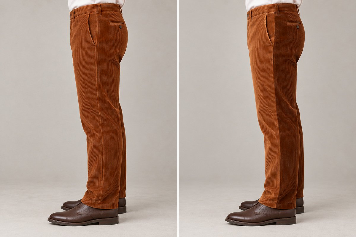 Comparación de un pantalón de pana visto de lado: a la izquierda las piezas mantienen el mismo sentido del pelo; a la derecha el delantero se ve más claro que el trasero junto a la costura lateral por la orientación opuesta