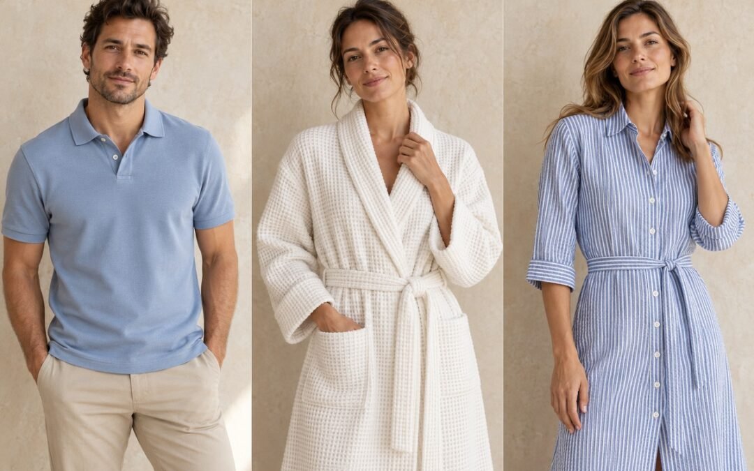 Polo azul de piqué, albornoz marfil de gofre y vestido de seersucker de rayas, mostrados sobre personas