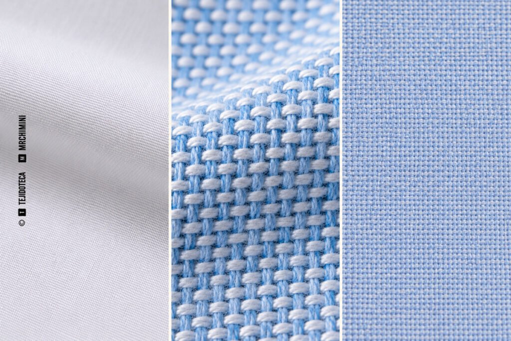 Comparativa de popelín blanco, oxford azul y blanco y fil-à-fil azul claro