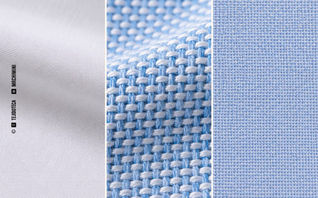 Comparativa de popelín blanco, oxford azul y blanco y fil-à-fil azul claro