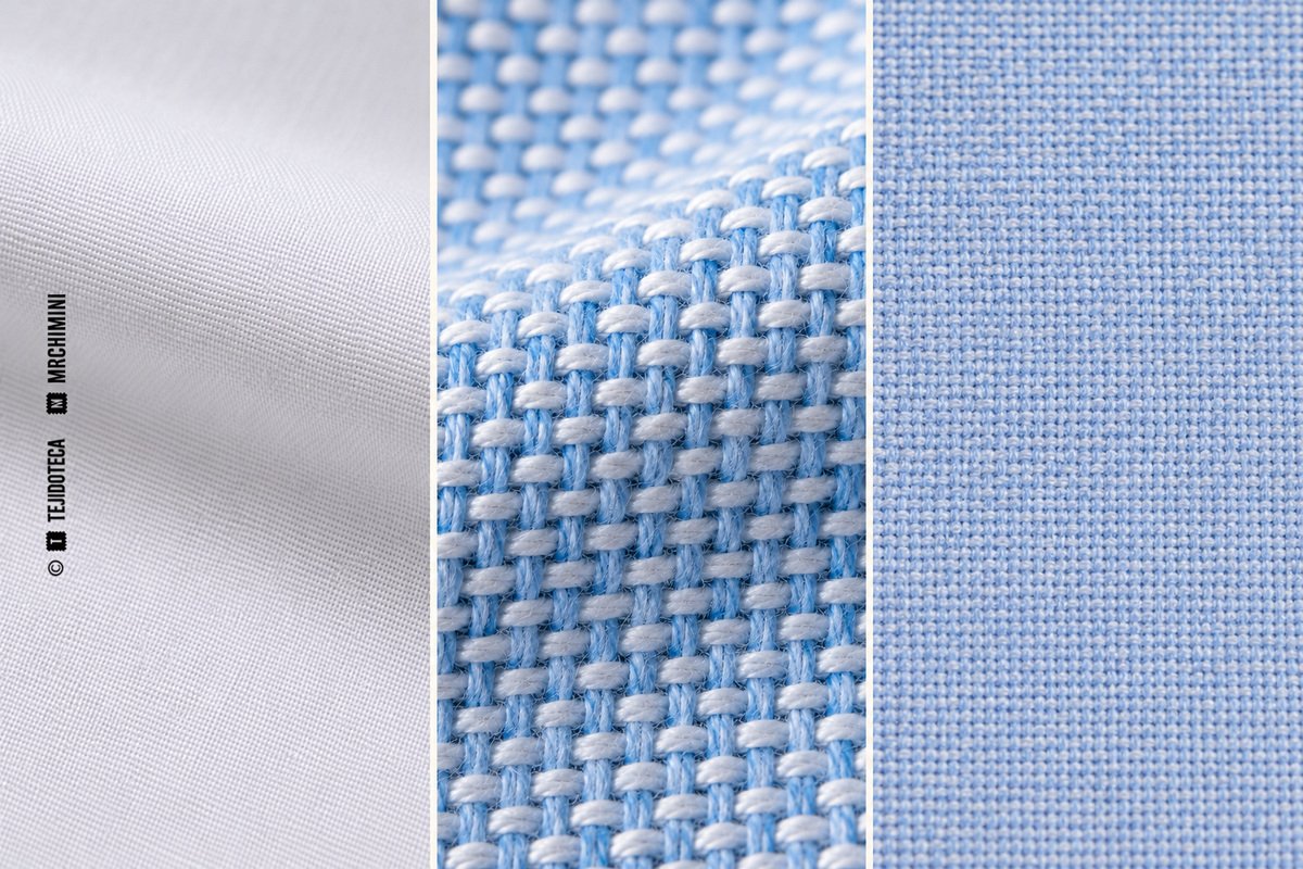 Comparativa de popelín blanco, oxford azul y blanco y fil-à-fil azul claro