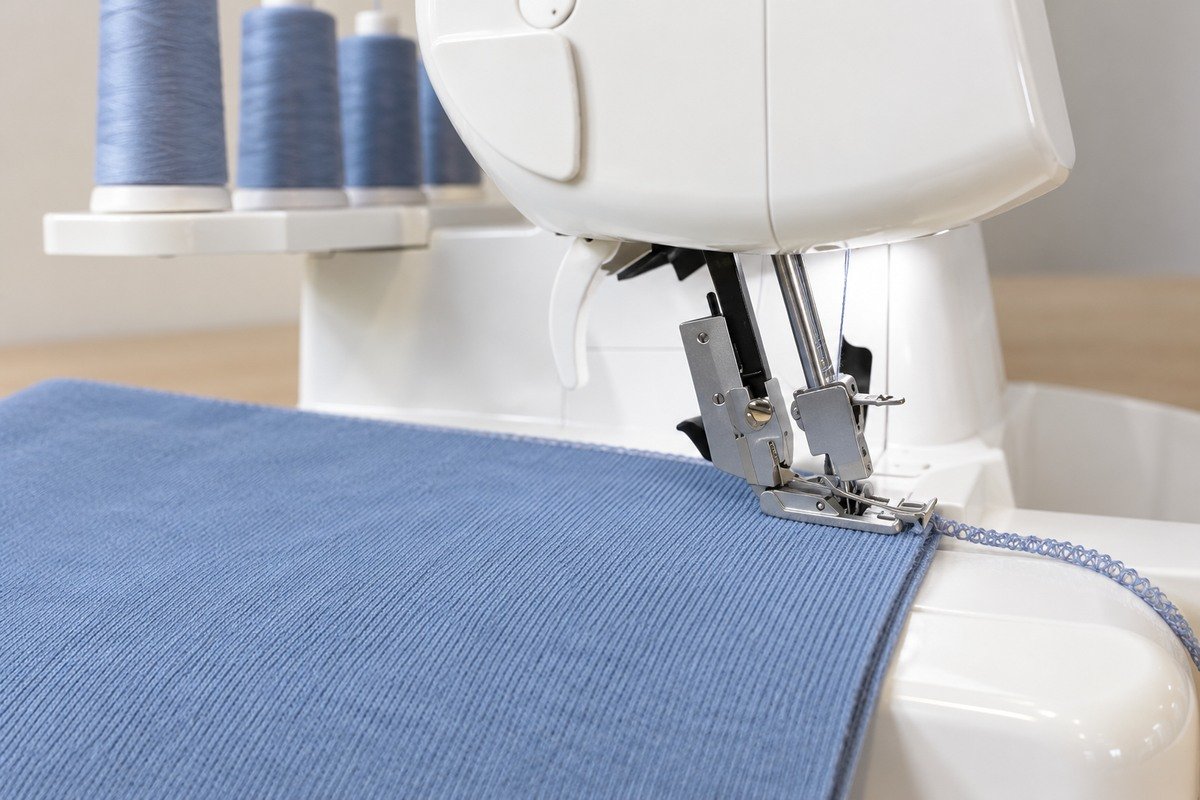 Detalle del prensatelas de una remalladora sobre punto azul, con cadeneta de hilo visible