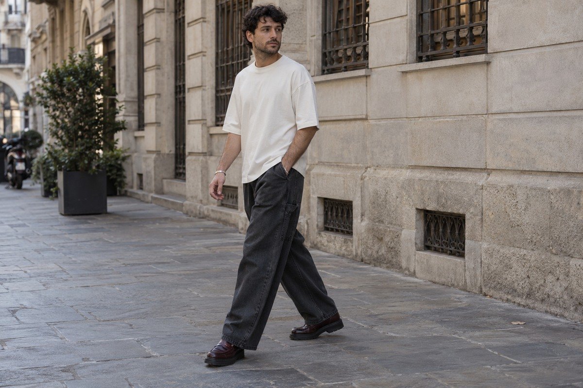 Hombre con camiseta amplia cruda y pantalón ancho gris en un look urbano contemporáneo