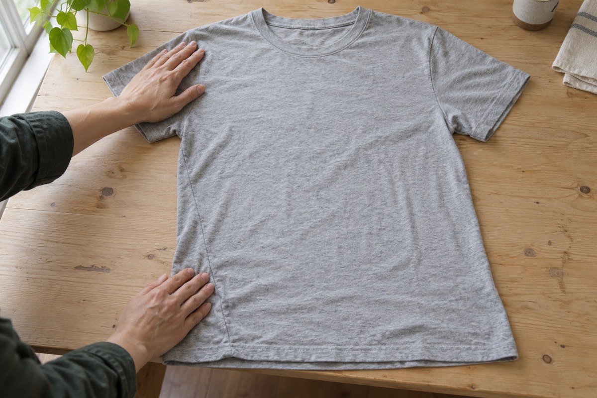 Manos que alisan suavemente una camiseta gris extendida sobre una mesa para observar su forma y sus costuras