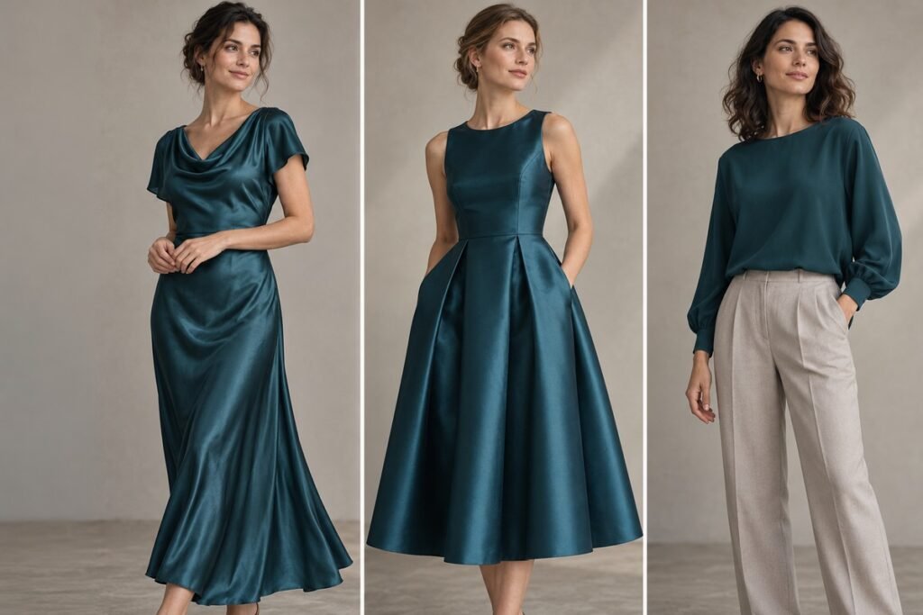 Tres aplicaciones en azul petróleo: vestido satinado fluido, vestido de raso con volumen y blusa de aspecto mate
