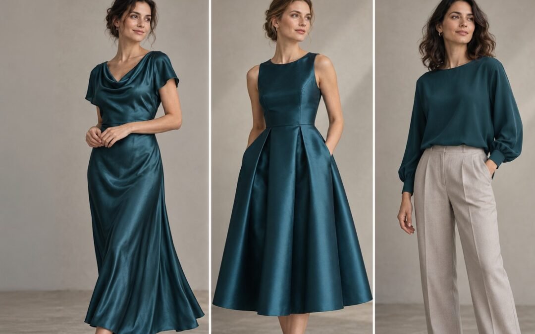 Tres aplicaciones en azul petróleo: vestido satinado fluido, vestido de raso con volumen y blusa de aspecto mate
