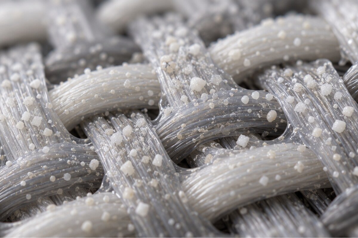 ACABADOS TEXTILES CON PARTÍCULAS CERÁMICAS · acabado-ceramico_macro Detalle macro conceptual de un tejido con una deposición mineral cerámica uniforme