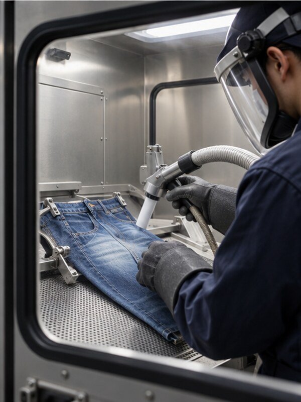 Operario con protección trabajando en un proceso industrial controlado sobre denim