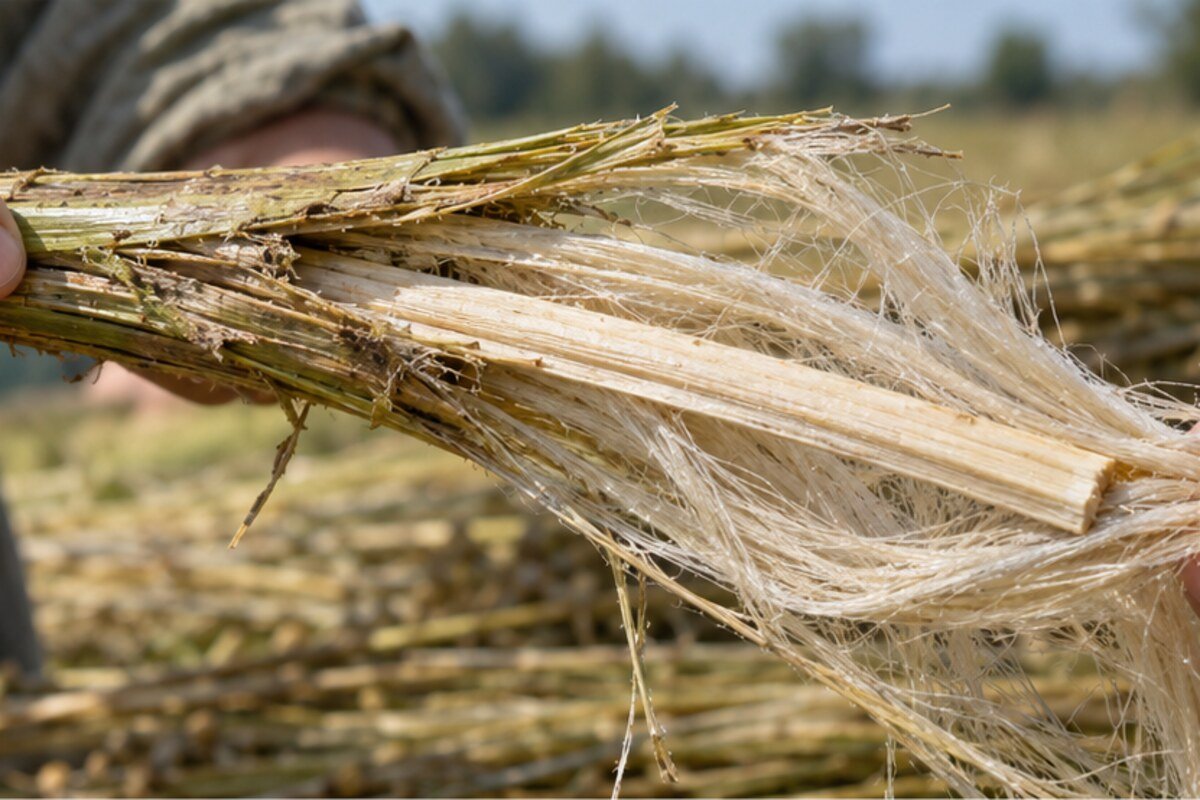 Detalle macro de fibras liberianas separándose de un tallo vegetal enriado