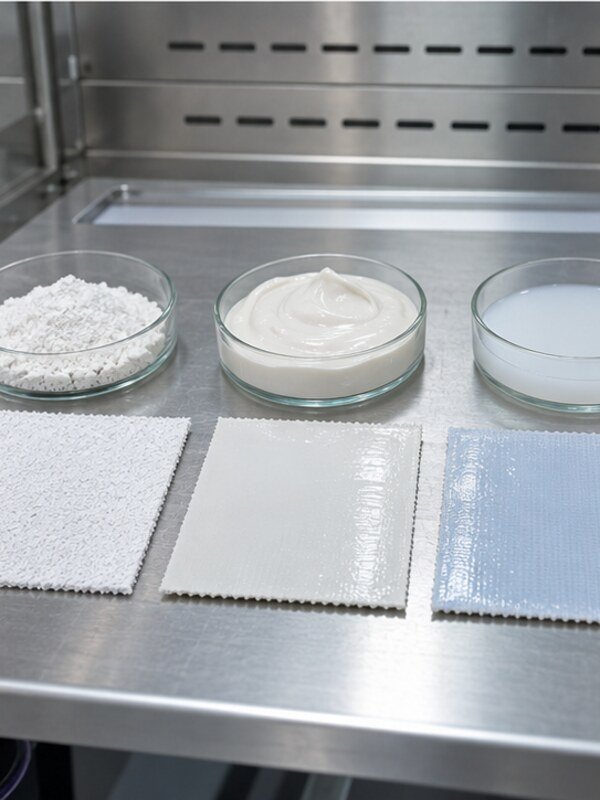 Muestras comparativas de textiles recubiertos con distintos acabados superficiales