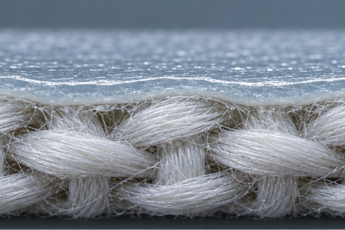RECUBRIMIENTOS TEXTILES: SISTEMAS Y FORMULACIONES · recubrimientos-textiles_macro Corte macro conceptual de un tejido con una capa de recubrimiento uniforme