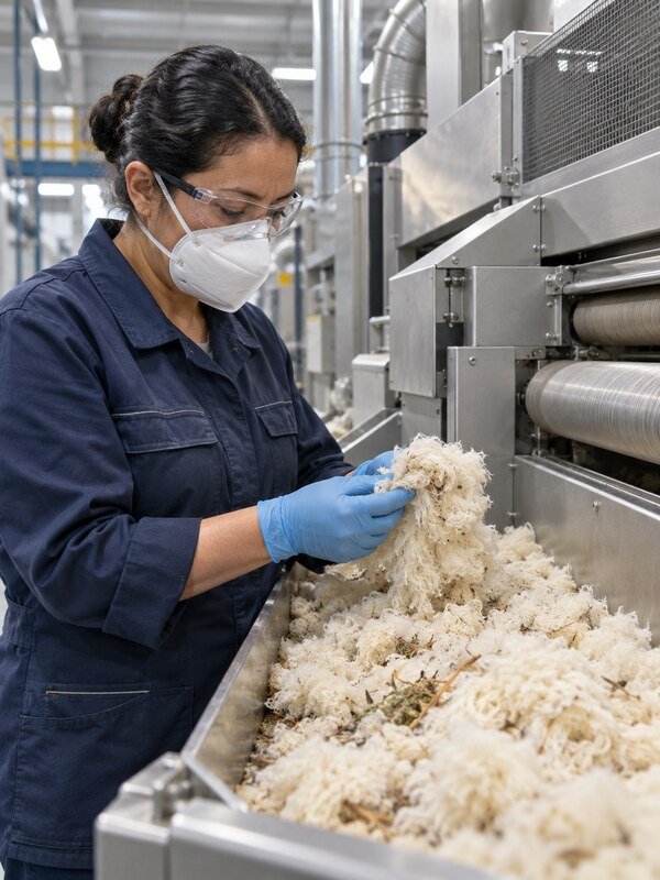 Técnica textil inspeccionando lana en una línea industrial de carbonizado