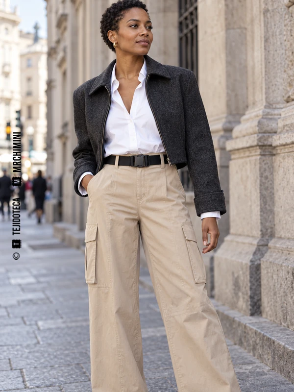 Mujer con chaqueta corta gris y pantalón ancho arena, con cinturón negro de cinta y hebilla de liberación lateral.