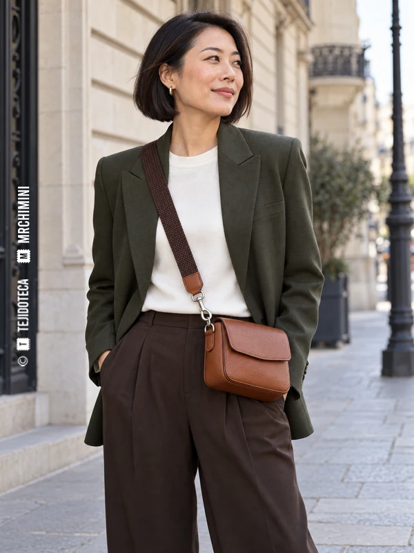 Mujer con blazer verde y bolso coñac con correa textil desmontable unida mediante un mosquetón.
