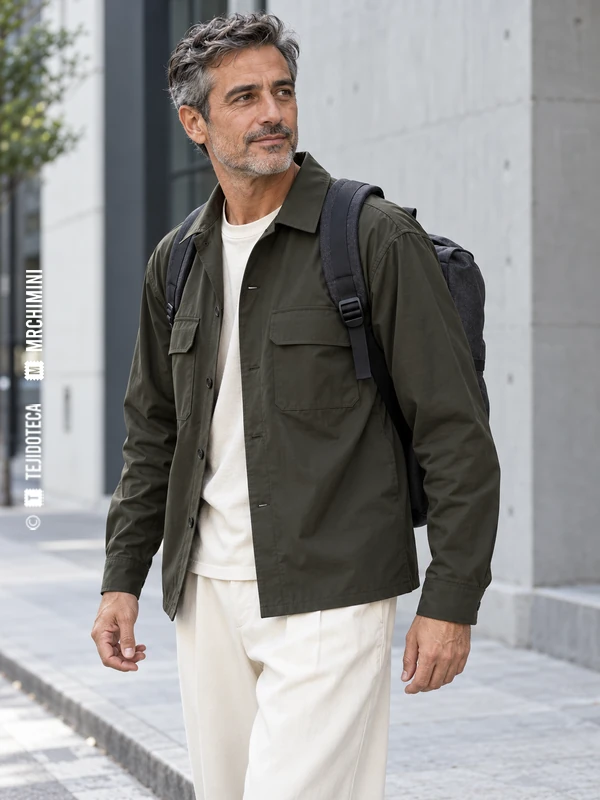 Hombre con sobrecamisa verde y mochila gris; se aprecia el regulador en el extremo de un tirante.