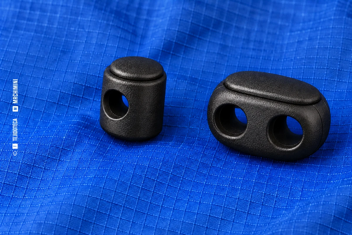 Tancas negras de uno y dos pasos sobre tejido azul.