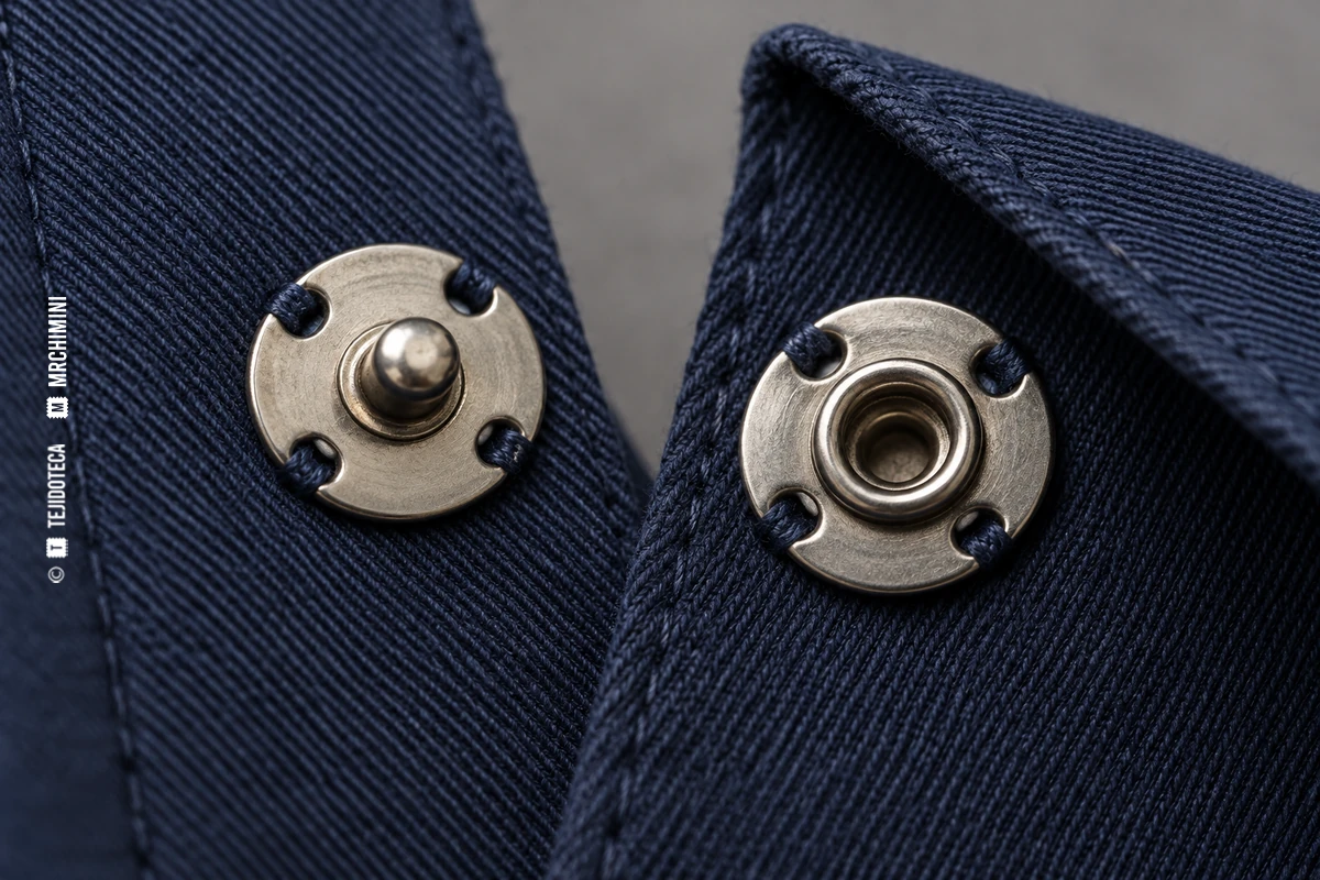 Dos mitades de un botón a presión para coser, separadas sobre tejido azul.