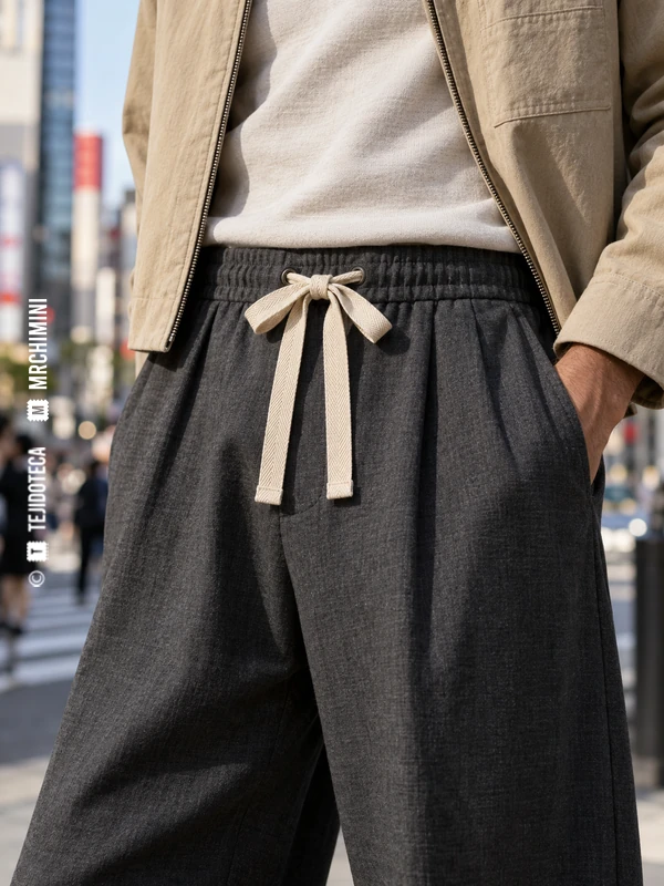 Cinta plana de espiga cruda utilizada como atado en la cintura de un pantalón gris