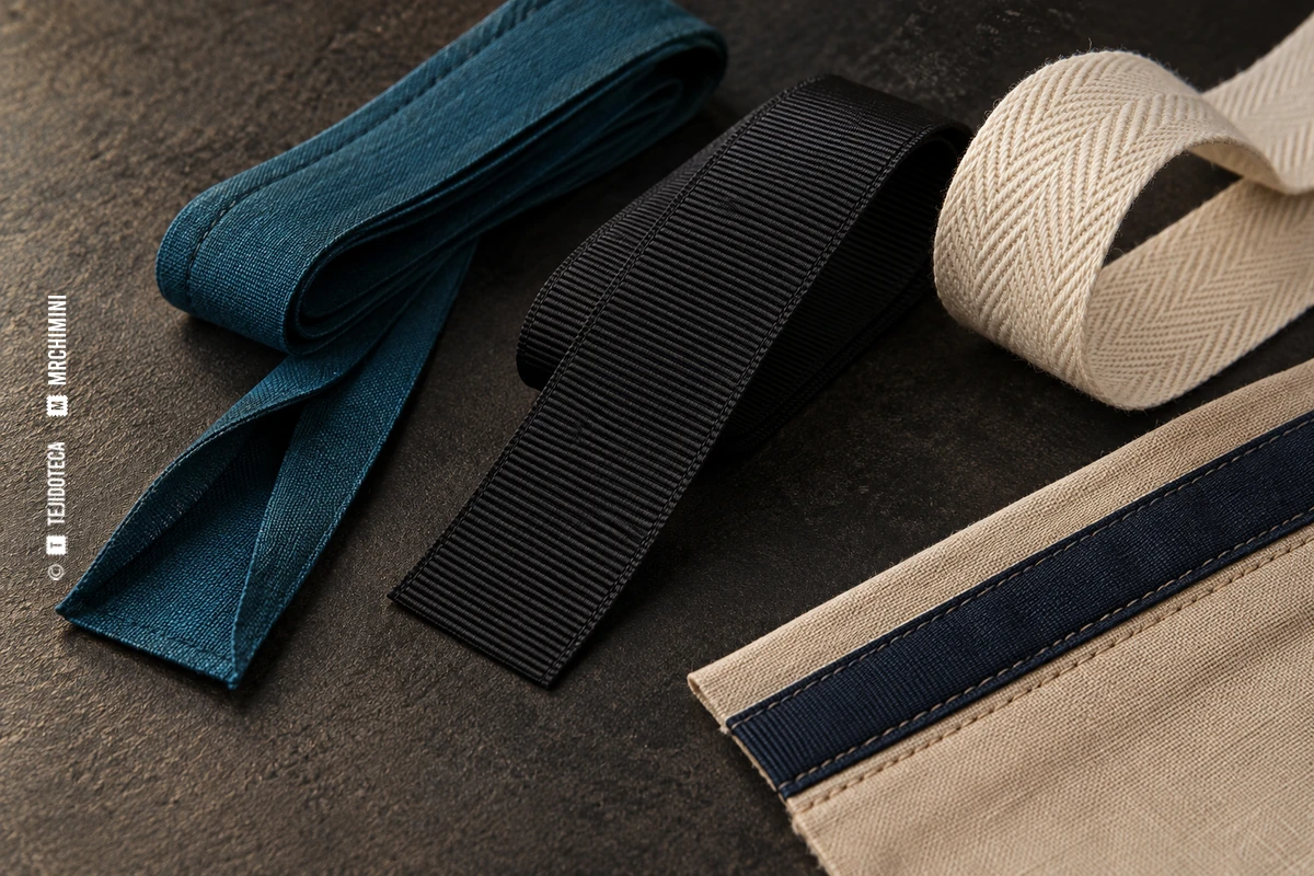 Muestras de bies azul, grosgrain negro, cinta de espiga cruda y cinta aplicada sobre una costura