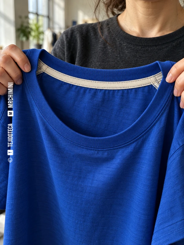 Interior del cuello de una camiseta azul con cinta cruda cubriendo la unión de la espalda