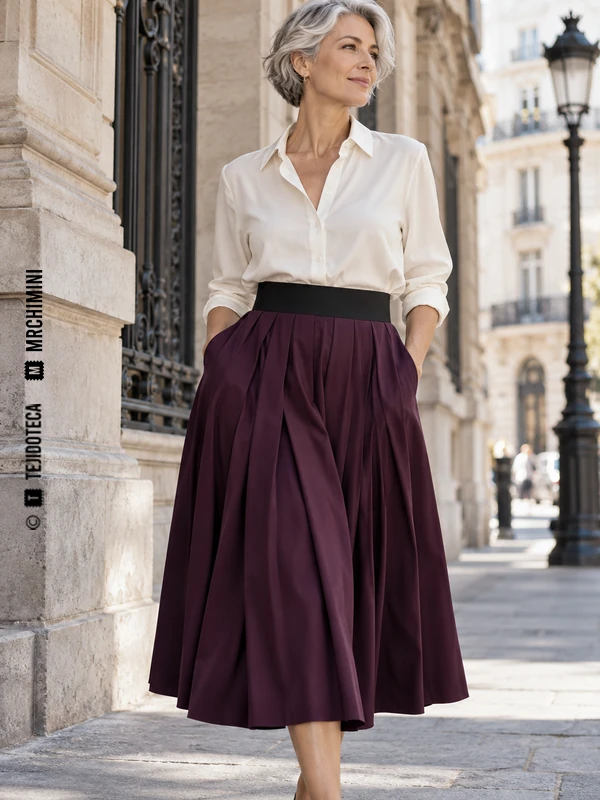 Falda ciruela con cinturilla elástica negra vista y camisa marfil