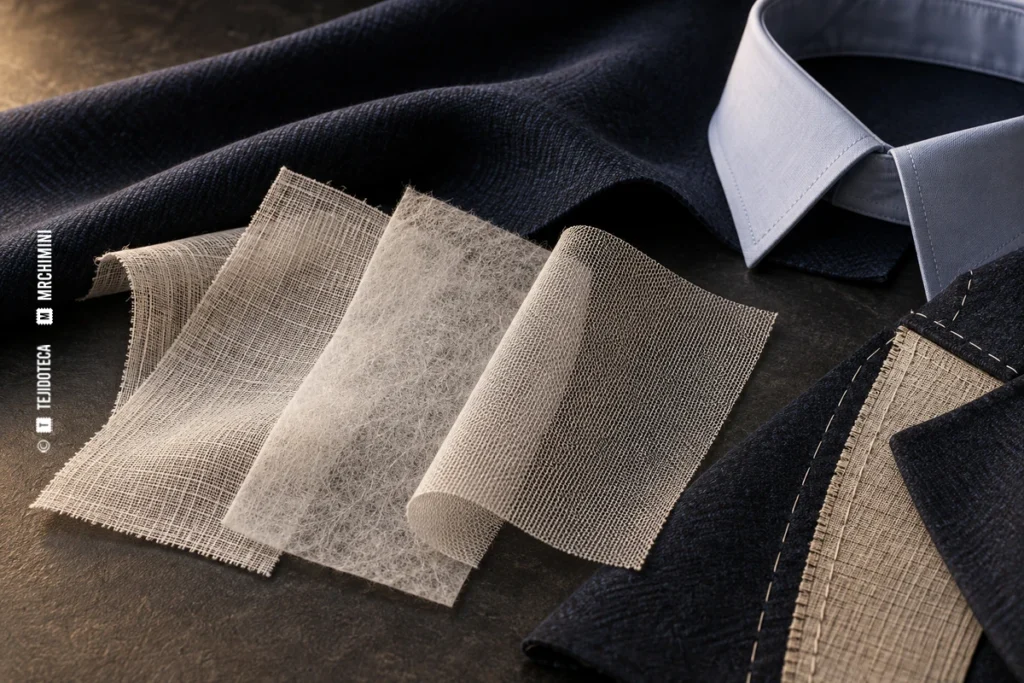 Muestras ilustrativas de entretelas junto a un cuello de camisa y una solapa en construcción.