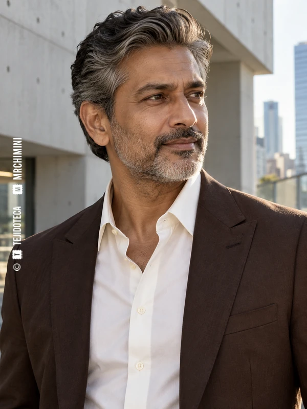 Hombre con camisa blanca de cuello definido y chaqueta marrón, sin corbata.
