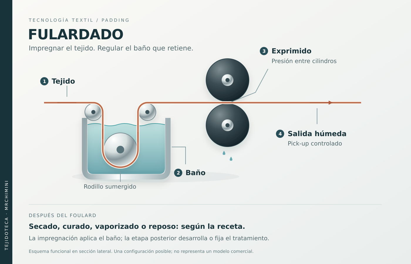 Recorrido del tejido: entrada, inmersión en el baño, exprimido entre cilindros y salida húmeda
