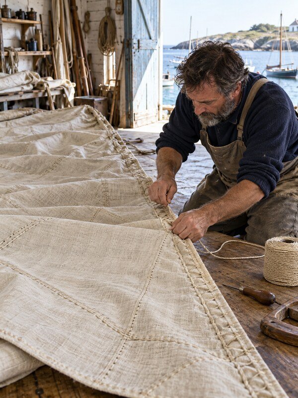 Artesano trabajando una pieza resistente de brin de lino