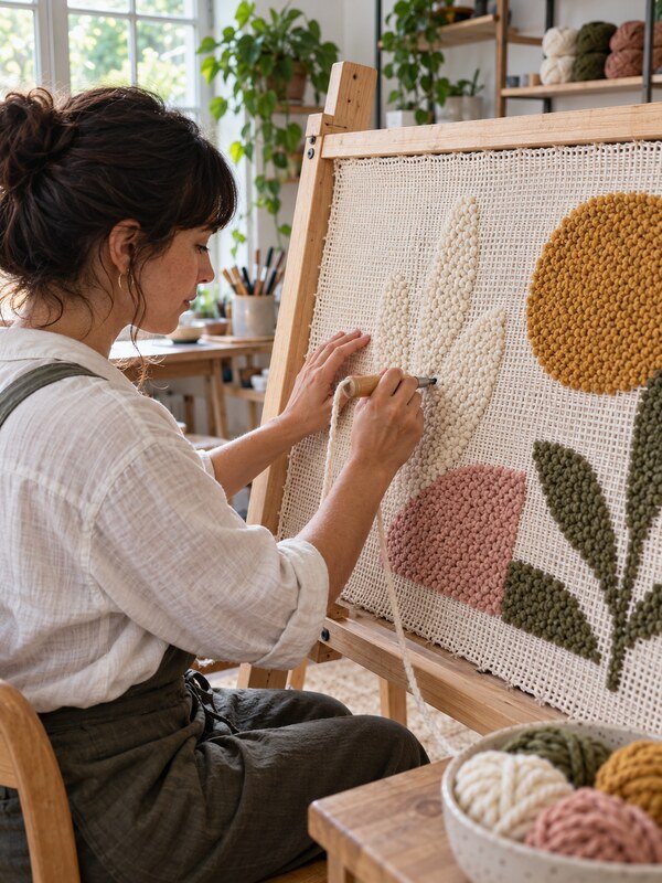 Artesana bordando un motivo textil sobre lona abierta