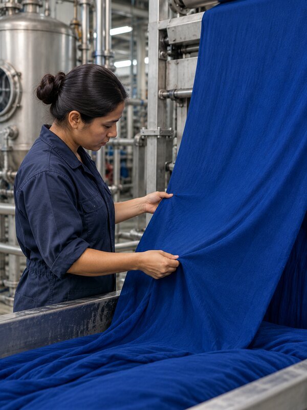 Técnica comprobando la uniformidad de un tejido teñido en azul