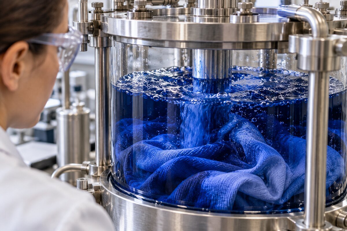 Tejido azul circulando en un baño de tintura por agotamiento