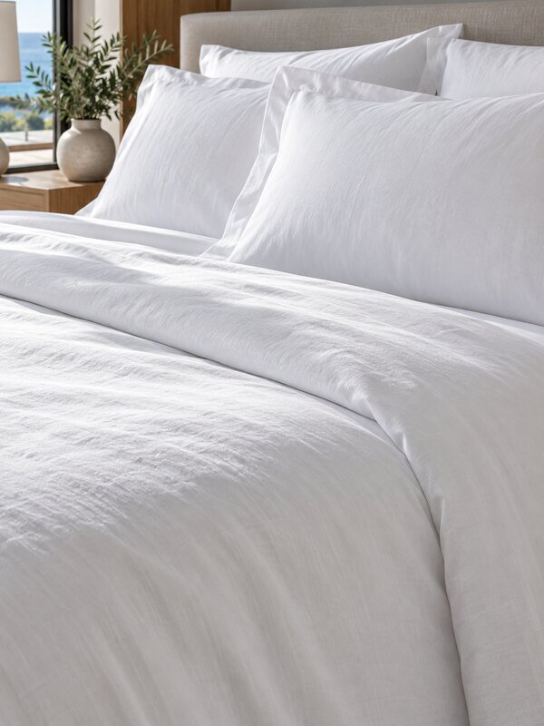 Ropa de cama blanca iluminada con luz natural