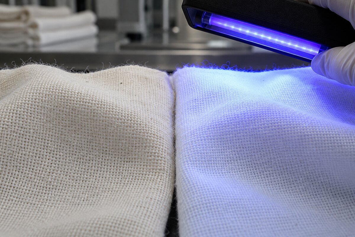 BLANQUEO ÓPTICO TEXTIL / BLANQUEADORES FLUORESCENTES · blanqueo-optico_macro Comparación de algodón crudo y algodón con blanqueador óptico bajo luz ultravioleta