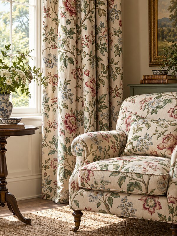 Cortinas y tapicería coordinadas con estampado de detalle fino