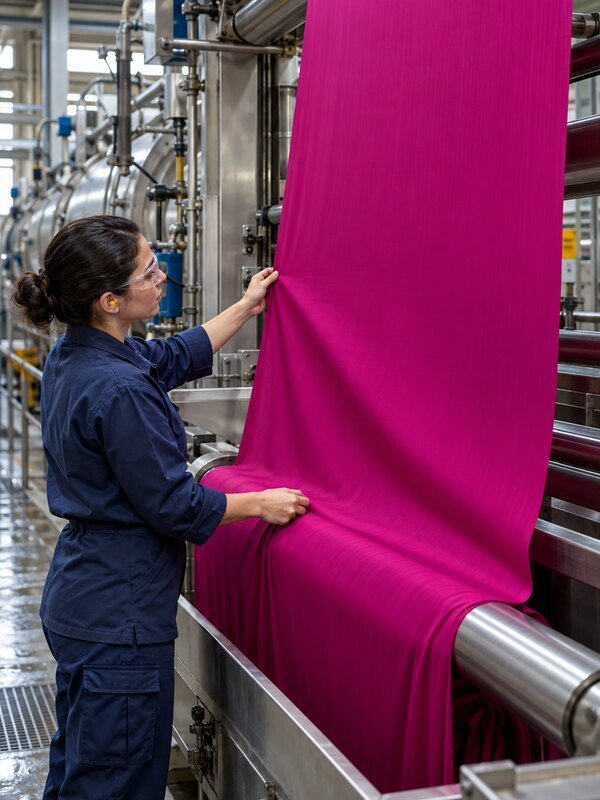 Técnica inspeccionando tejido magenta en una línea continua