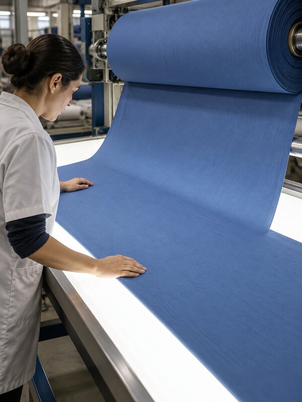 Rollo de tejido azul teñido de forma continua bajo inspección