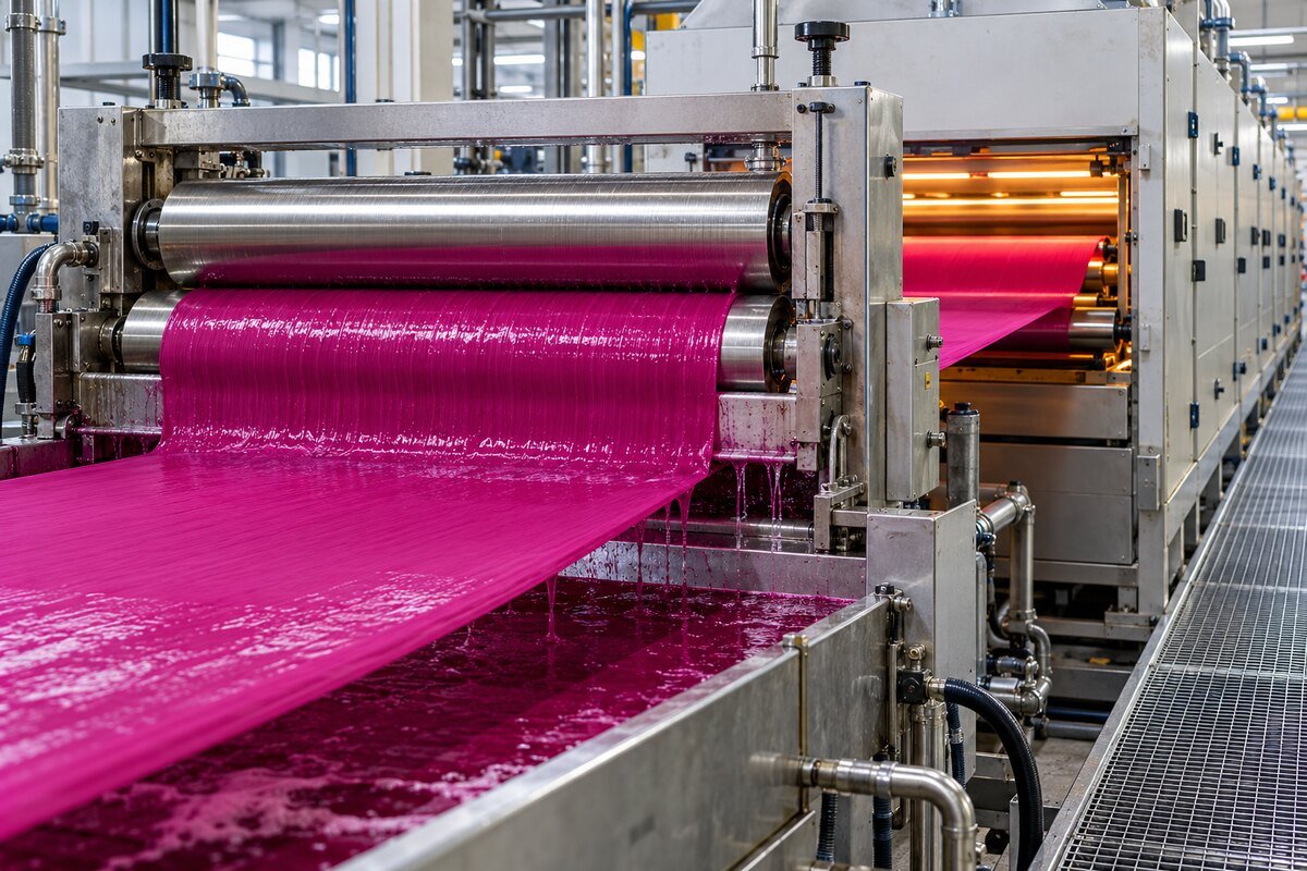 TINTURA CONTINUA TEXTIL · continua_macro Línea continua aplicando colorante magenta a todo el ancho del tejido