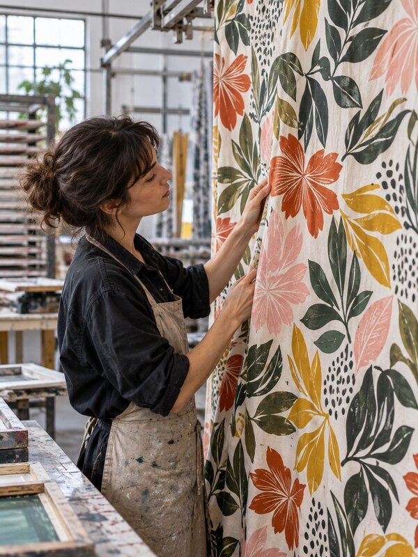 Diseñadora inspeccionando un tejido estampado directamente