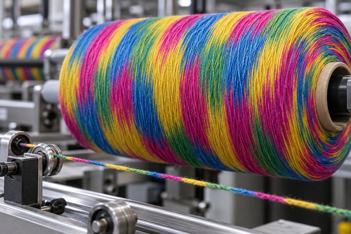 Hilo teñido espacialmente con segmentos de varios colores