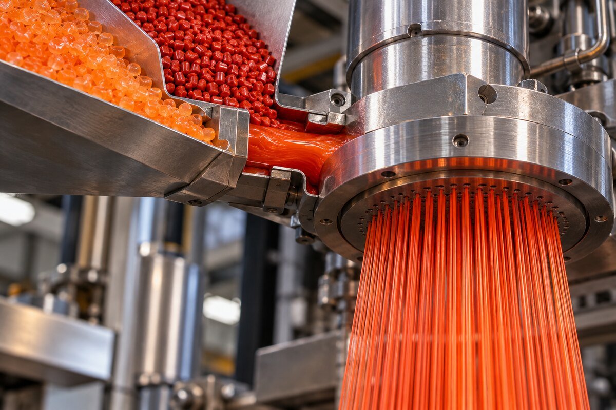 Polímero coloreado alimentando una hilera de filamentos naranjas