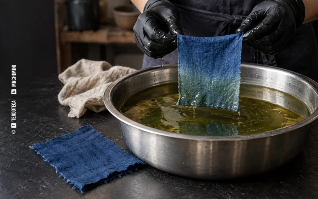 Muestra de algodón al salir de una cuba de índigo y durante la oxidación — TEJIDOTECA