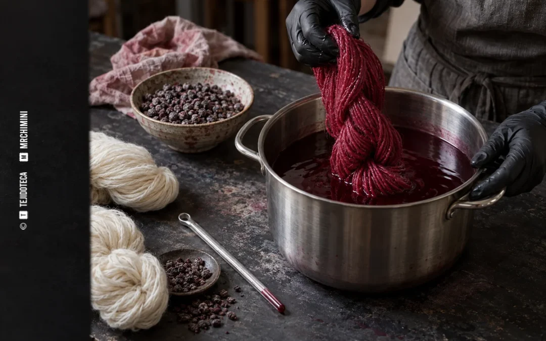 Madeja de lana teñida con cochinilla sobre un baño de tintura — TEJIDOTECA