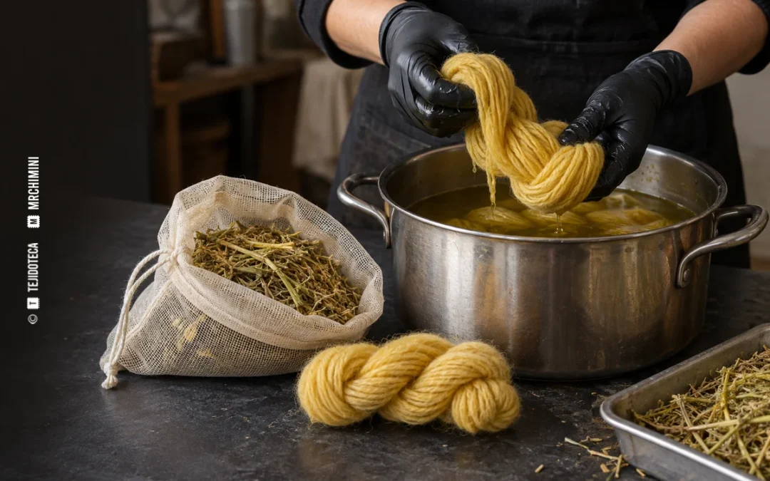 Madeja de lana amarilla teñida con gualda en el taller — TEJIDOTECA
