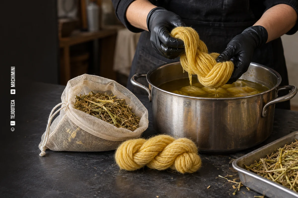 Madeja de lana amarilla teñida con gualda en el taller — TEJIDOTECA