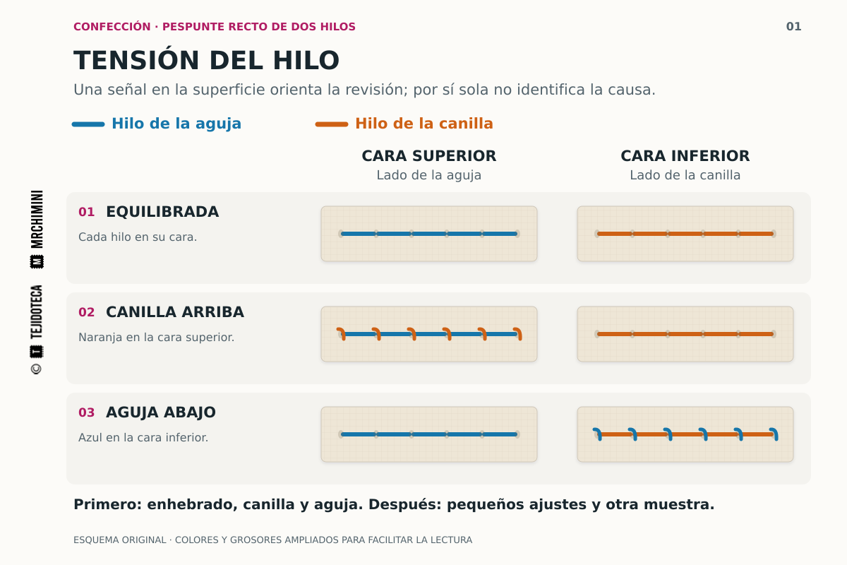 Tres muestras de puntada recta vistas por ambas caras: equilibrada, hilo naranja de canilla visible arriba e hilo azul de aguja visible abajo.