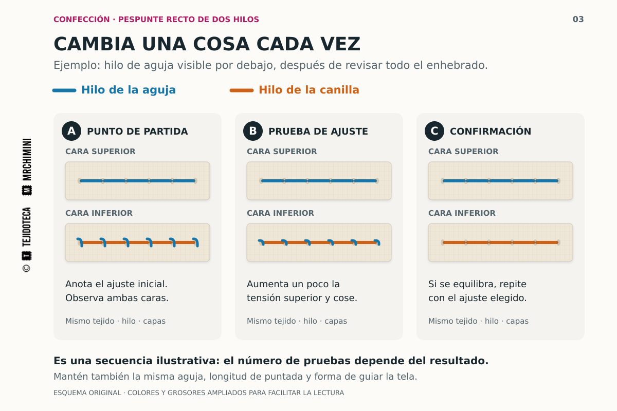 Tres pruebas del mismo material: A muestra hilo azul por debajo, B reduce esa aparición tras un pequeño aumento de tensión superior y C confirma el equilibrio por ambas caras.
