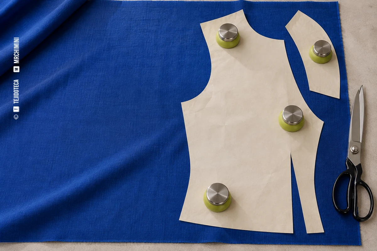 Piezas de papel sobre una tela azul cobalto, con pesos de costura y tijeras. Fotografía ilustrativa generada con IA.