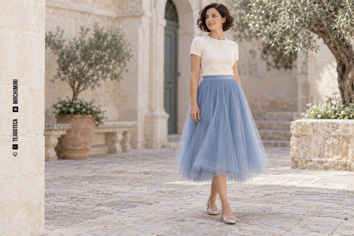 Ejemplo de falda midi azul con varias capas suaves de tul sobre un forro opaco