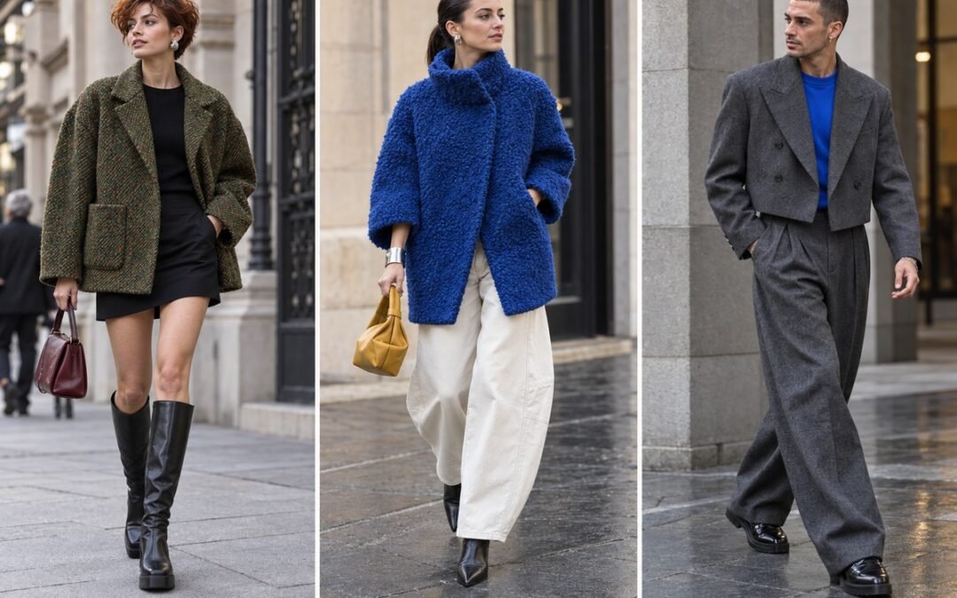Chaqueta amplia de tweed verde, abrigo cocoon de bouclé azul y traje gris de franela de lana en tres looks urbanos